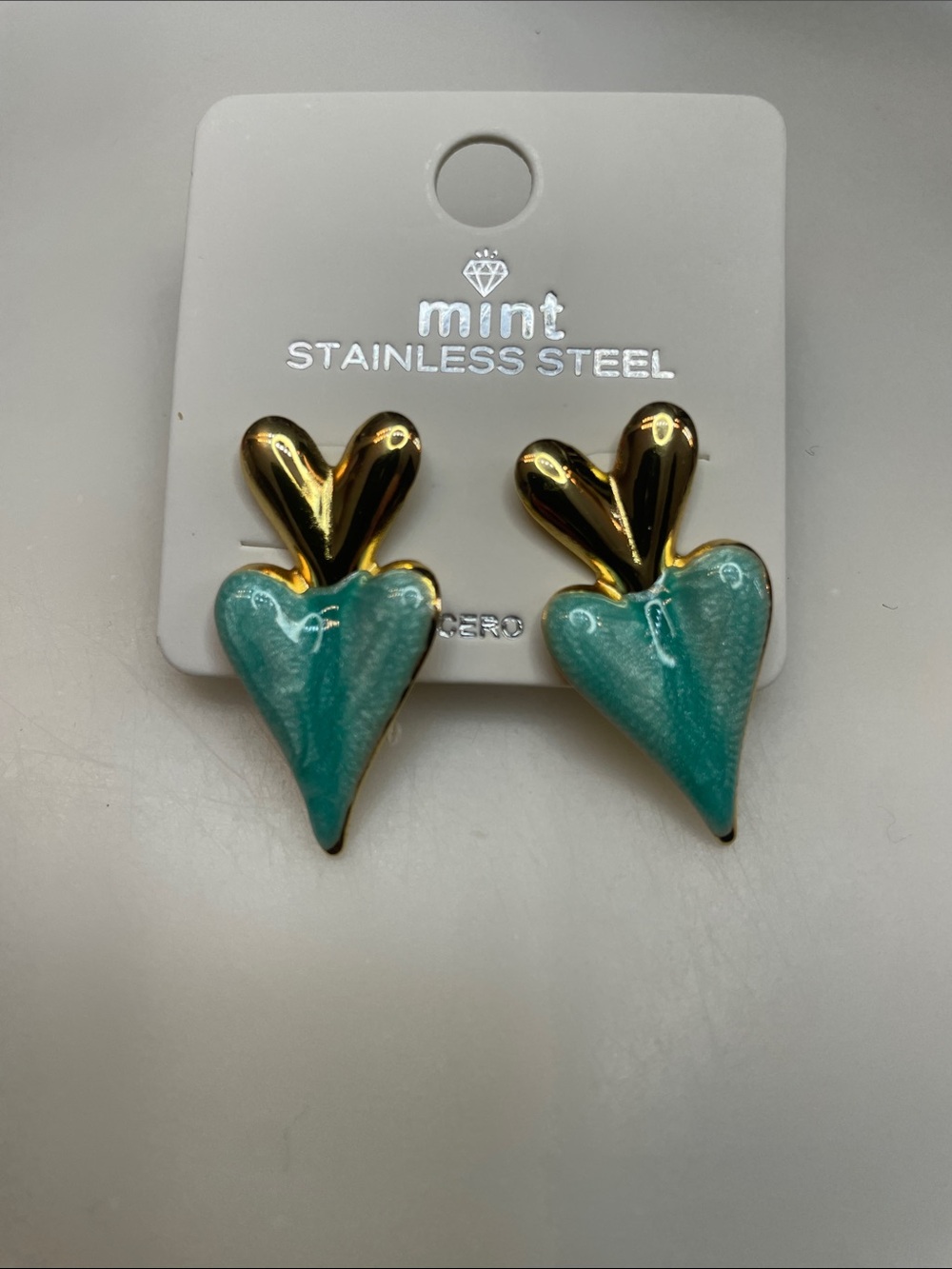 Mint Gold and Teal Heart Drop Stainless Steel Earrings